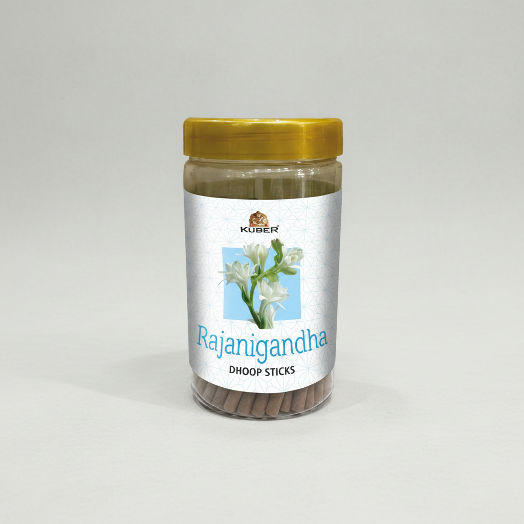 Jar of Rajanigandha dhoop sticks with a yellow lid on a white background