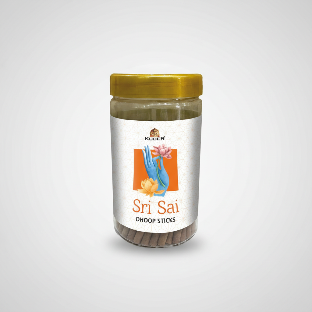 Jar of Sri Sai Dhoop Sticks with Kuber brand on a white background