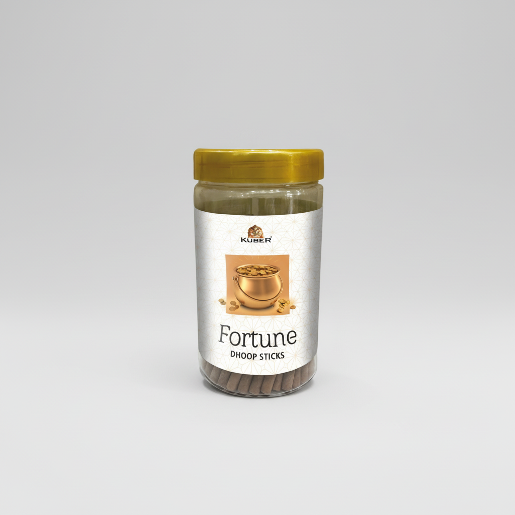 Jar of Kuber Fortune Dhoop Sticks with a yellow lid on a white background