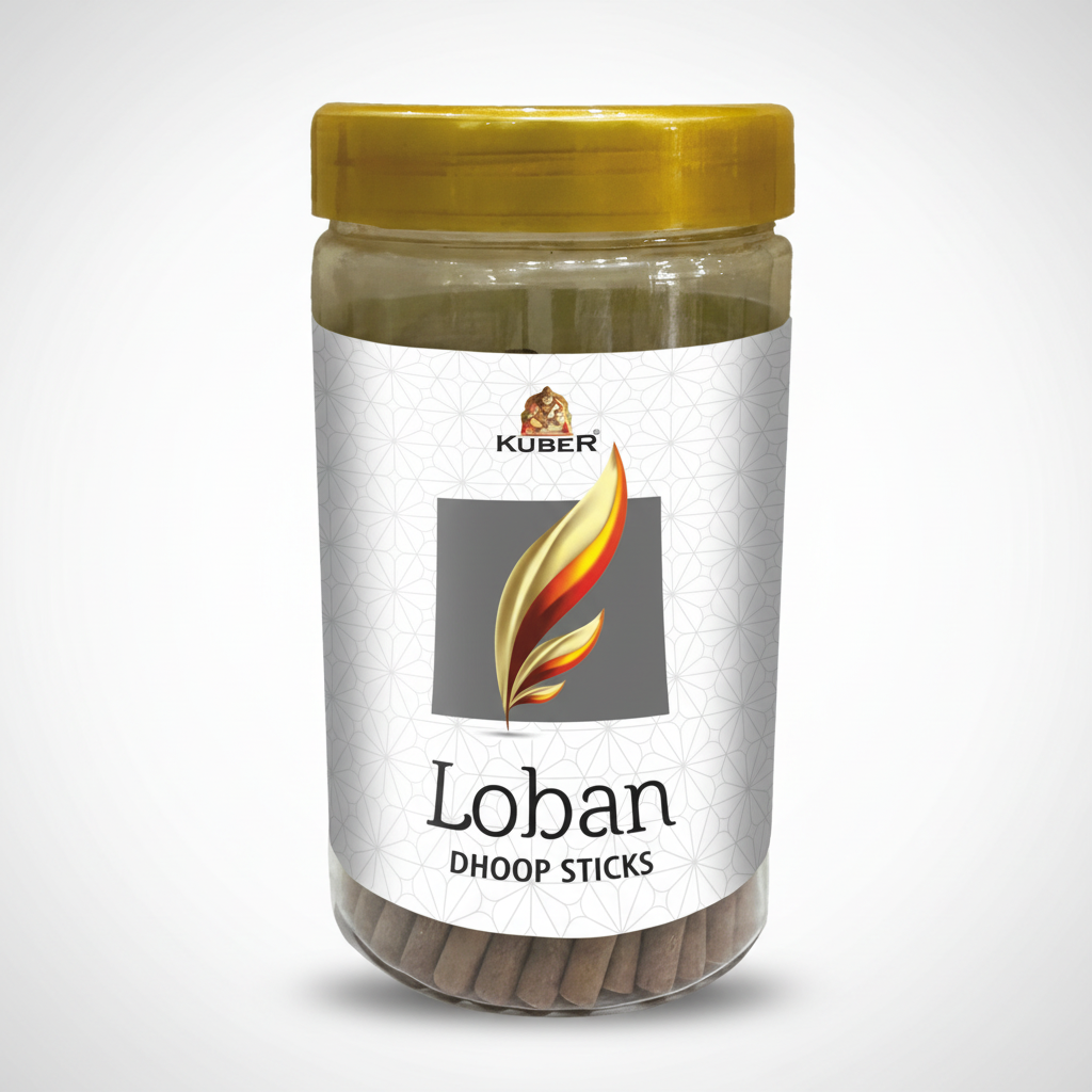 Jar of Kuber Loban Dhoop Sticks with a yellow lid on a white background