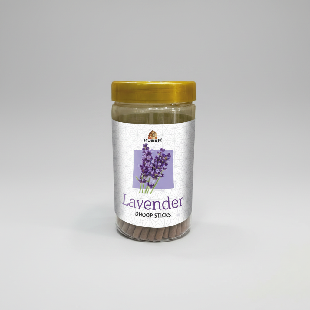 Jar of lavender doop sticks with a yellow lid and Kuber label on a white background