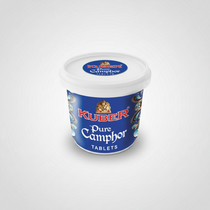 Kuber Pure Camphor Tablets container with blue and white design