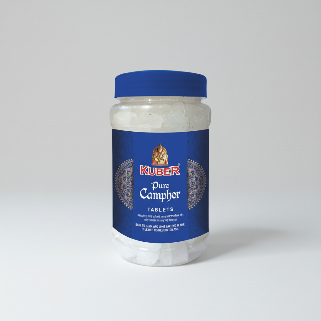 Jar of Kuber Pure Camphor Tablets with blue lid and label on a white background