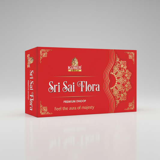 Red box of Sri Sai Flora premium dhoop with gold decorative elements on a white background