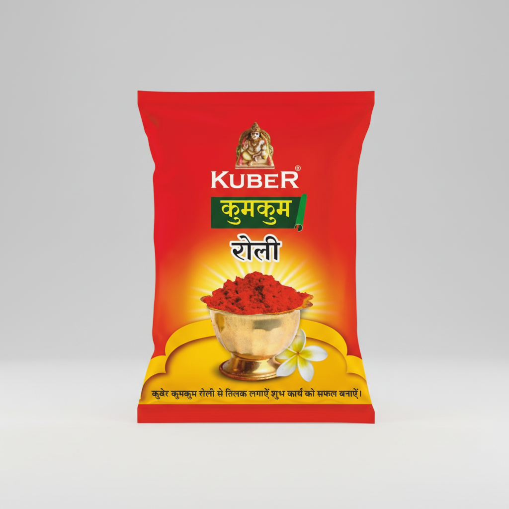 Kuber Kumkum Rolli packaging with red and gold design on a white background