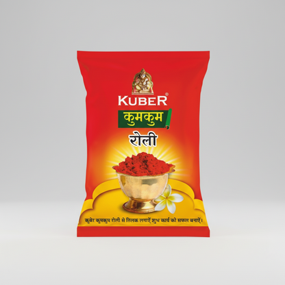 Kuber Kumkum Rolli packaging with red and gold design on a white background