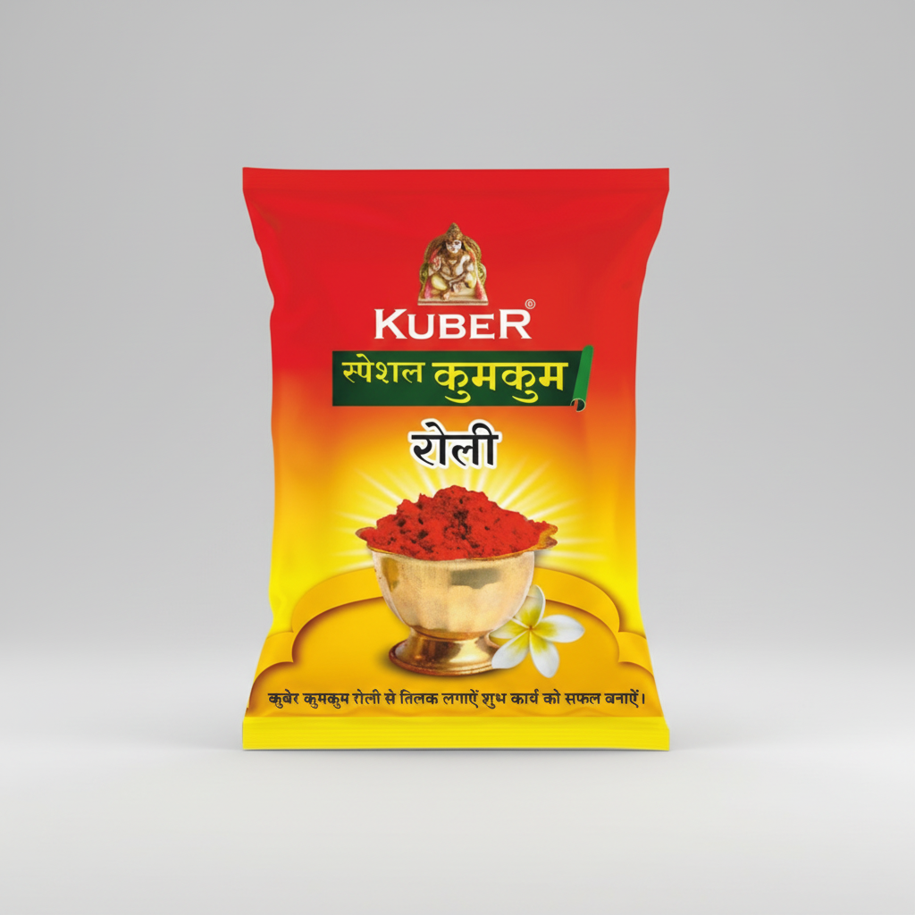 Kuber Kumkum rolli packaging with red and yellow design