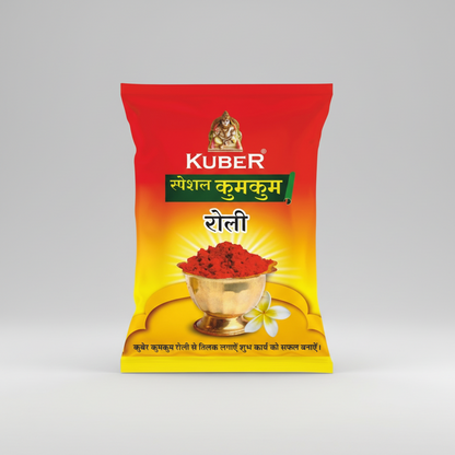 Kuber Kumkum rolli packaging with red and yellow design