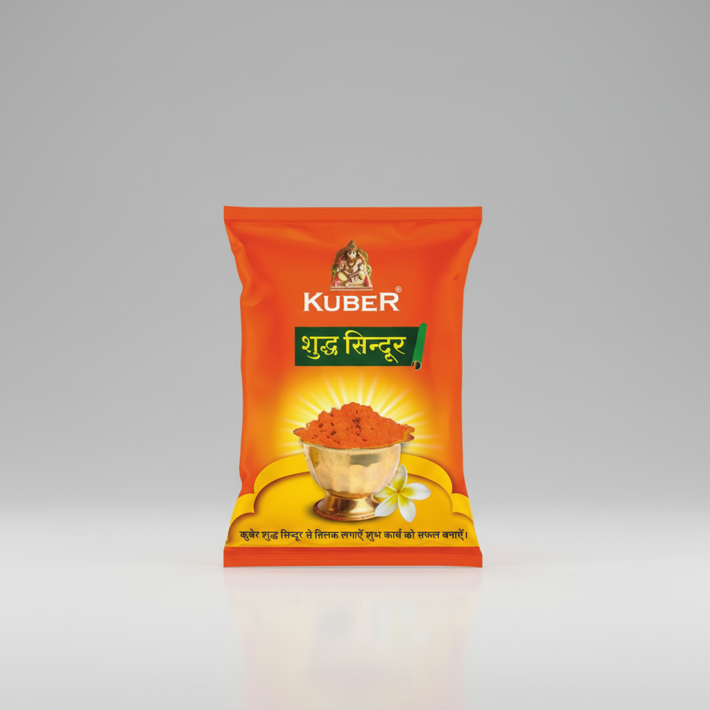 Kuber brand spice packet with a gold cup and flower on an orange background