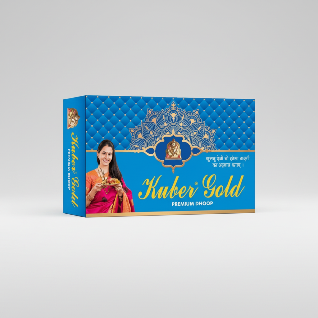 Kuber Gold premium dhoop box with a woman holding dhoop sticks on a blue background