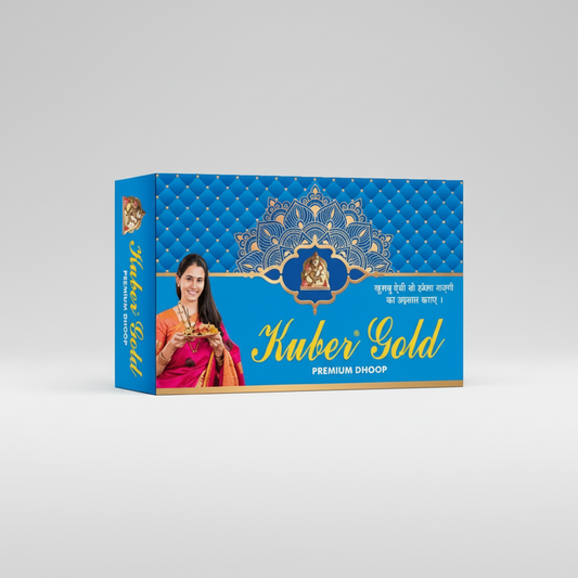 Kuber Gold premium dhoop box with a woman holding dhoop sticks on a blue background