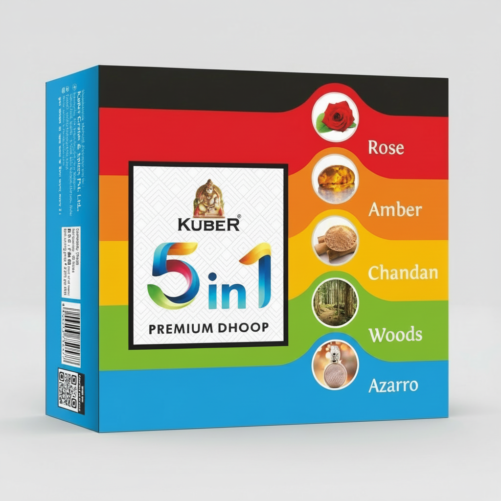 Kuber 5-in-1 Premium Dhoop box with colorful design and product names.