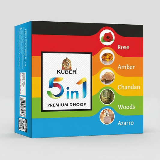 Kuber 5-in-1 Premium Dhoop box with colorful design and product names.