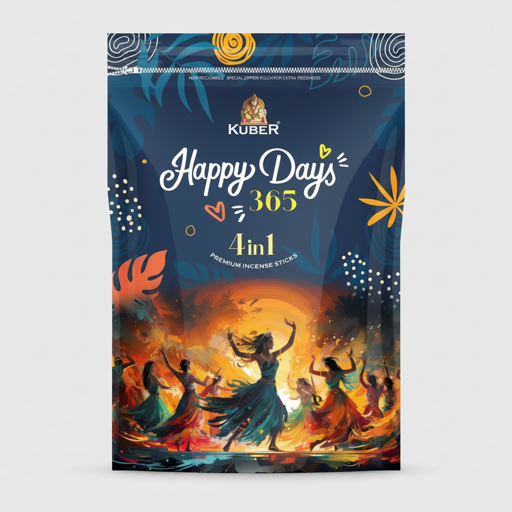 Kuber Happy Days 365 incense sticks packaging with dancers and colorful design