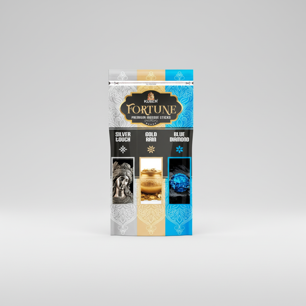 Kuber Fortune incense sticks packaging with images of silver, gold, and blue incense.