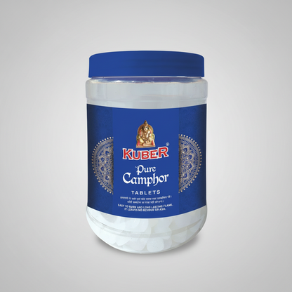 Kuber Pure Camphor Tablets container with blue lid and label on a white background