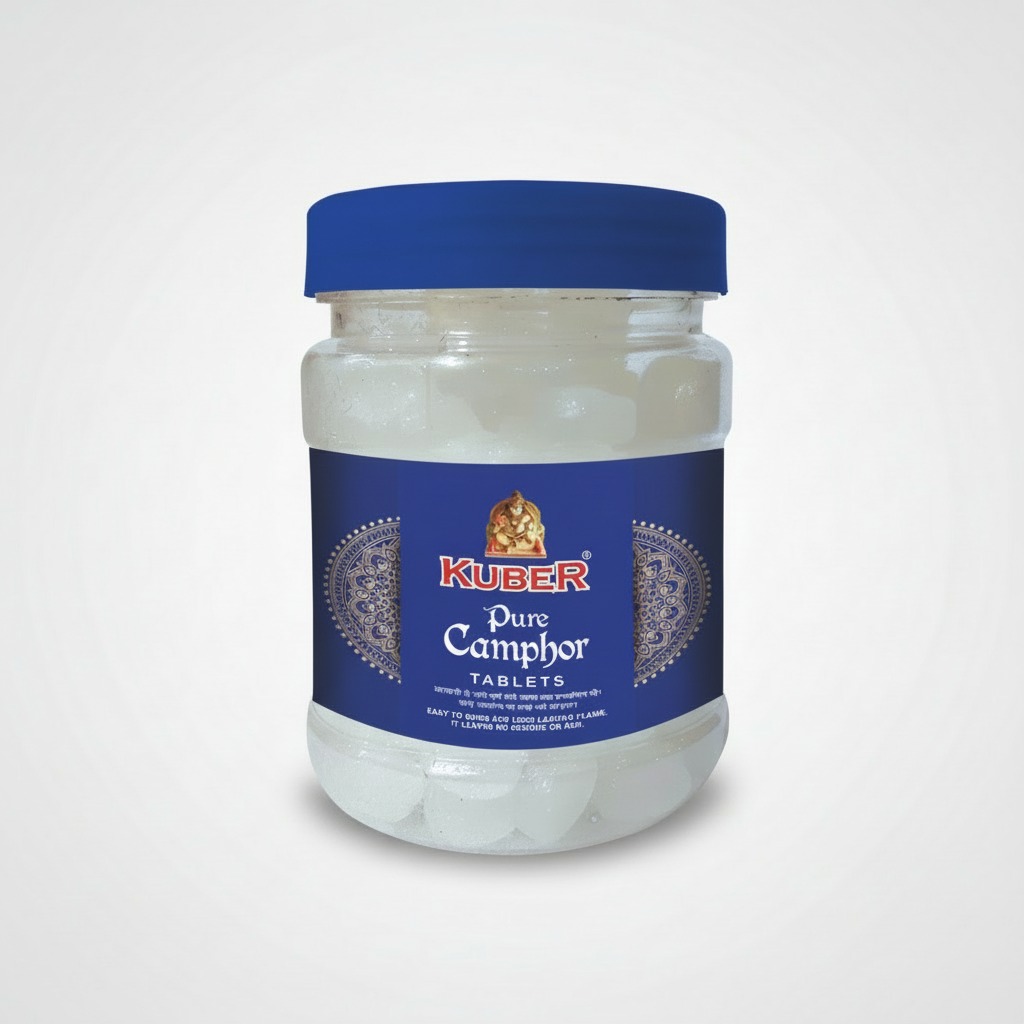 Jar of Kuber Pure Camphor Tablets with blue lid and label on a white background