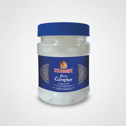 Jar of Kuber Pure Camphor Tablets with blue lid and label on a white background