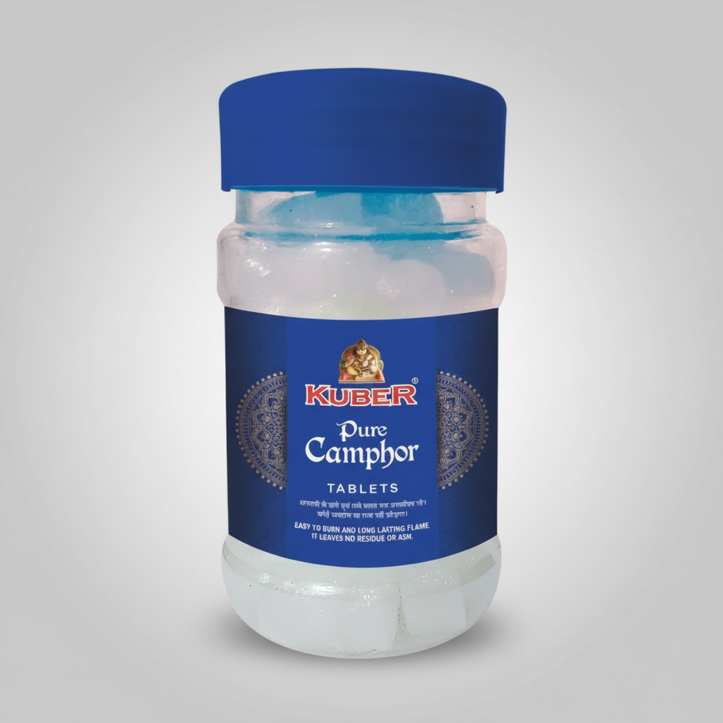 Jar of Kuber Pure Camphor Tablets with blue lid and label on a white background