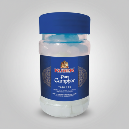 Jar of Kuber Pure Camphor Tablets with blue lid and label on a white background