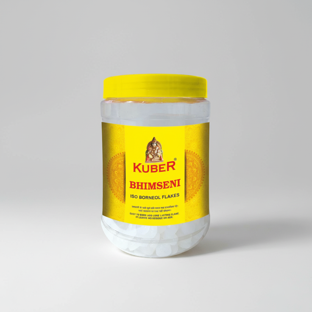 Jar of Kuber Bhimseni Iso Borneol Flakes with yellow lid and label on a white background