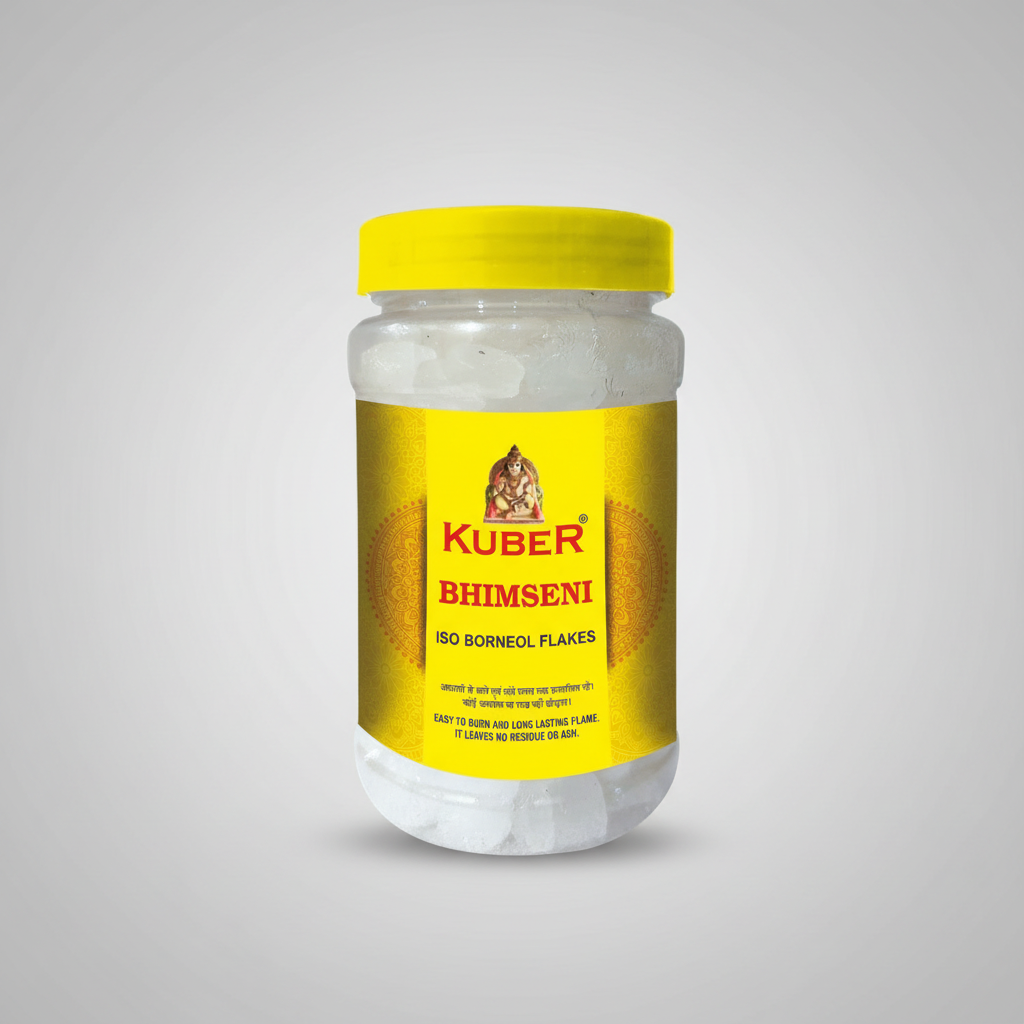 Jar of Kuber Bhimseni ISO Borneol Flakes with yellow lid and label on a white background