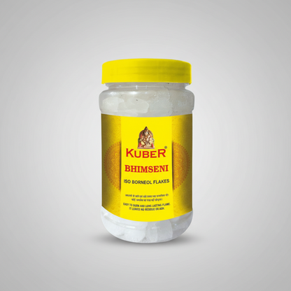 Jar of Kuber Bhimseni ISO Borneol Flakes with yellow lid and label on a white background