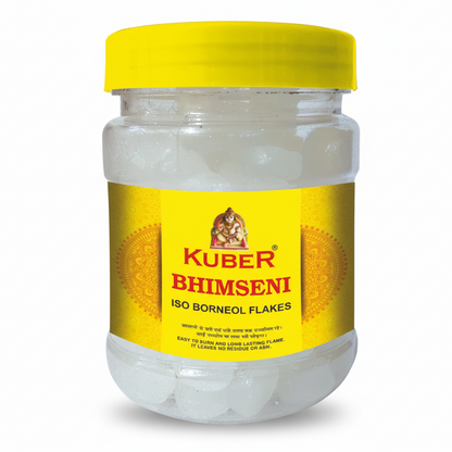 Jar of Kuber Bhimesni ISO Borneol Flakes with yellow lid and label on a white background