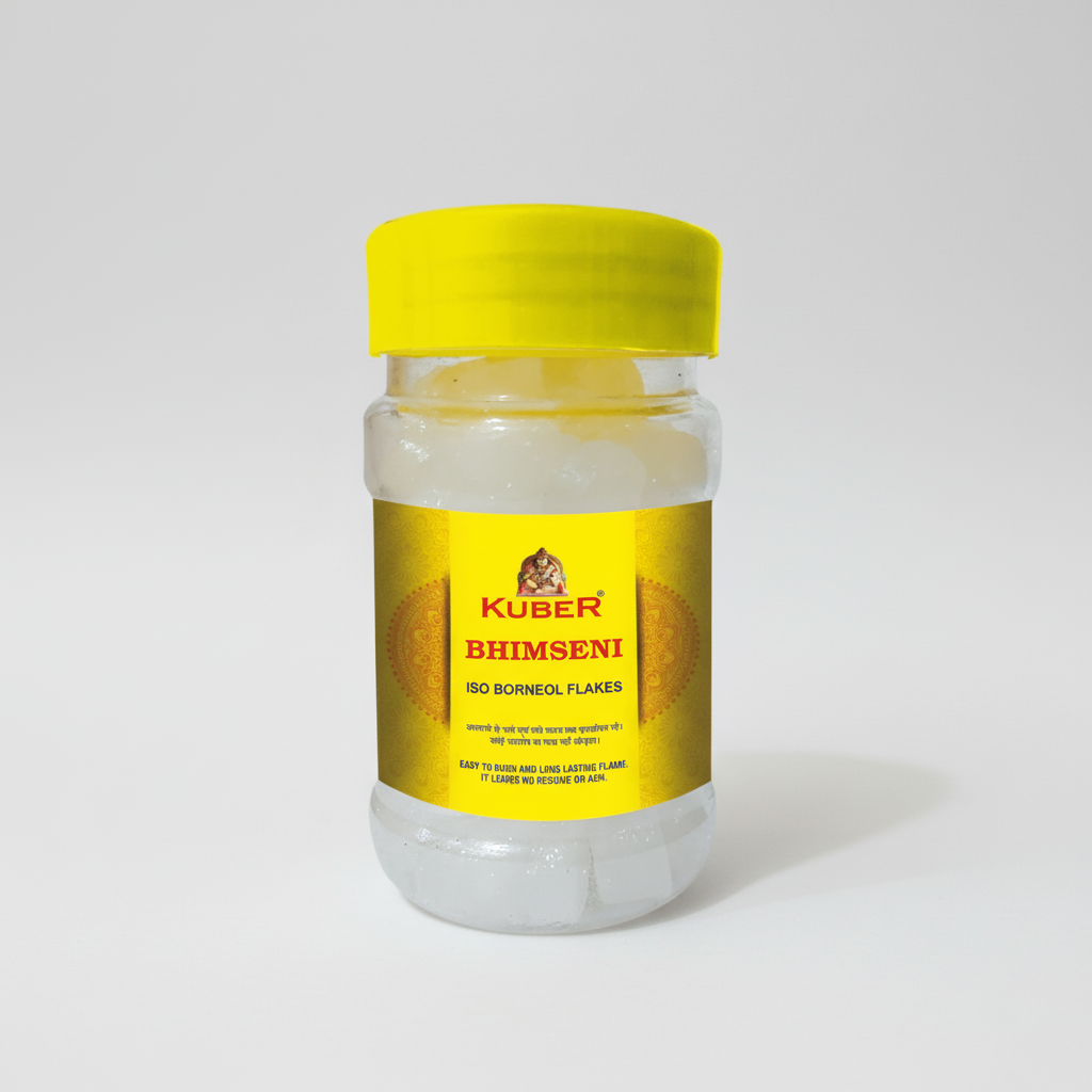 Jar of Kuber Bhimseni Iso Borneol Flakes with yellow lid and label on a white background