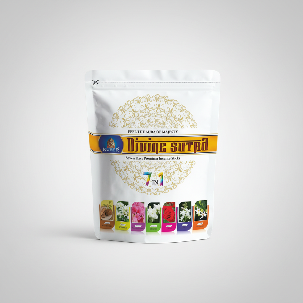 Kuber Divine Sutra incense sticks packaging with floral designs and brand logo.