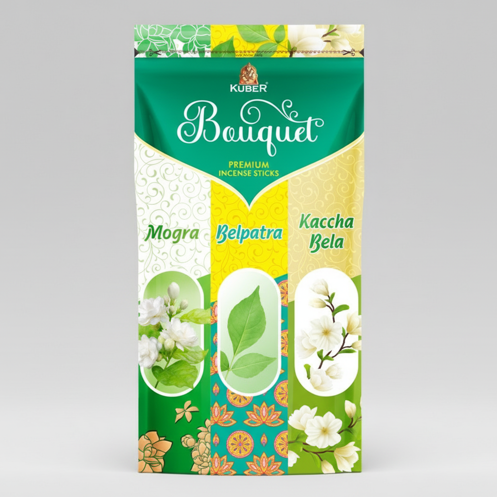 Kuber Bouquet incense sticks packaging with floral designs and text on a white background