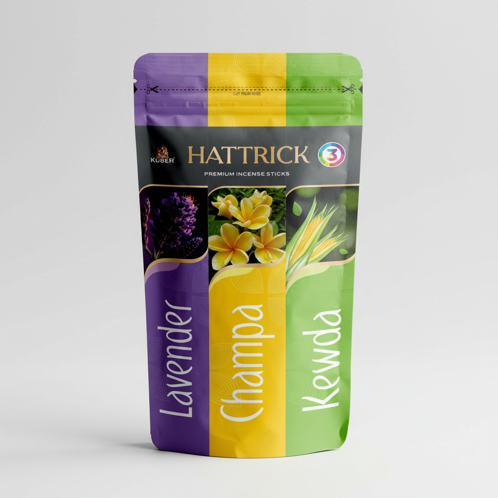 Hattrick premium incense sticks packaging with lavender, champa, and kewda scents on a white background.