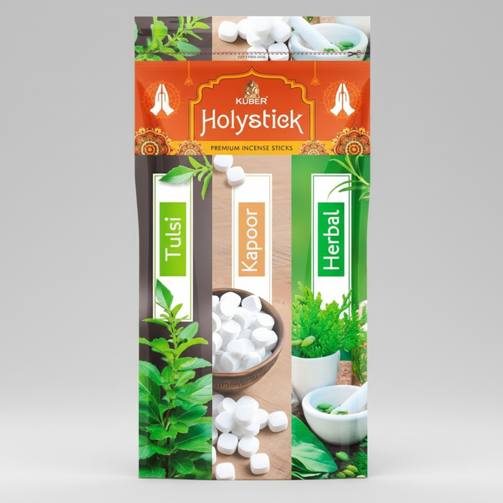 Kuber Industries Holystick incense sticks packaging with Tulsi, Kapoor, and Herbal varieties.