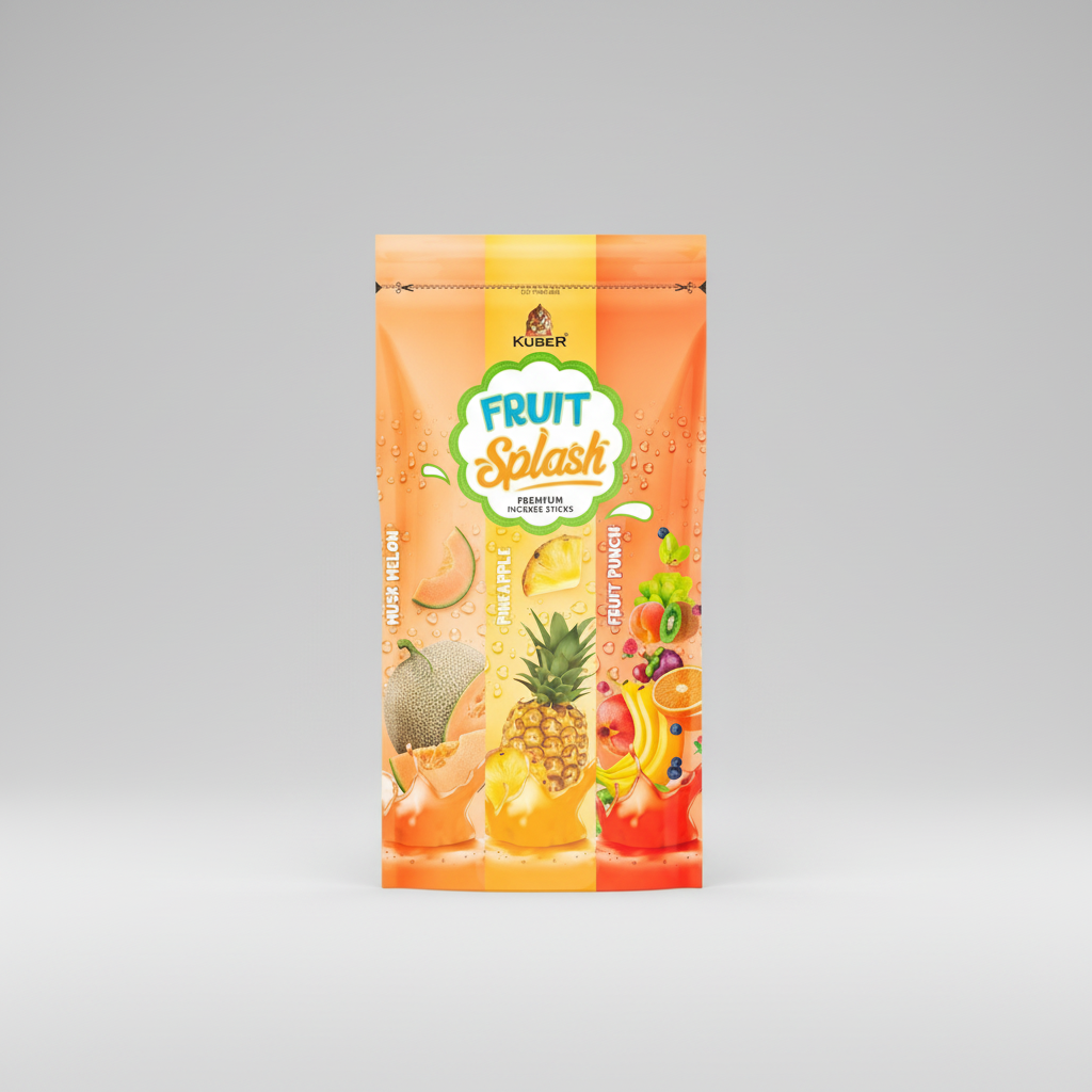 Kuber Fruit Splash premium incense sticks packaging with fruit illustrations on an orange background