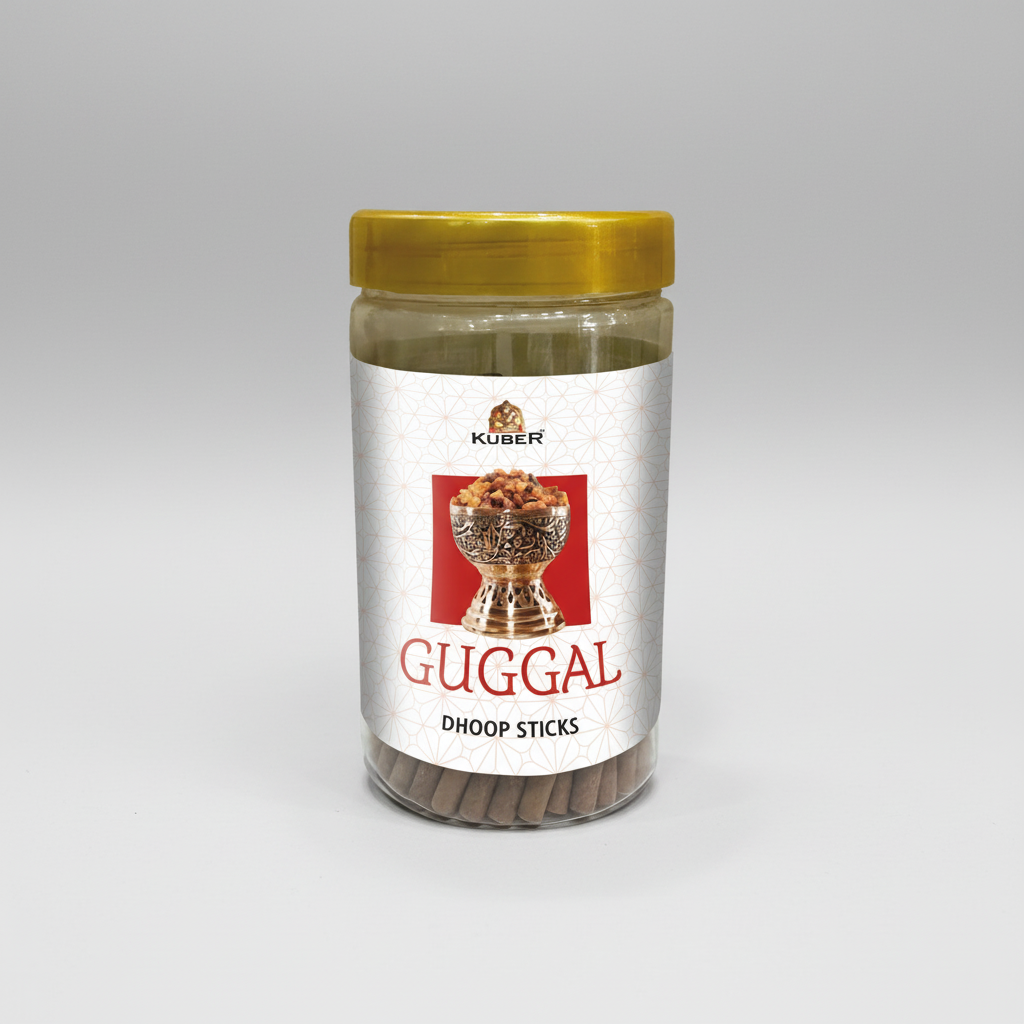 Jar of Kuber Guggal Dhoop Sticks with a yellow lid on a white background