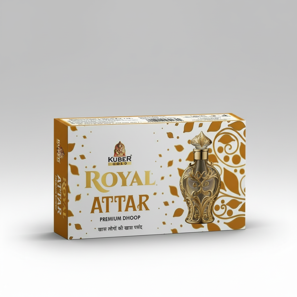 Kuber Royal Attar packaging with decorative design and gold bottle illustration.