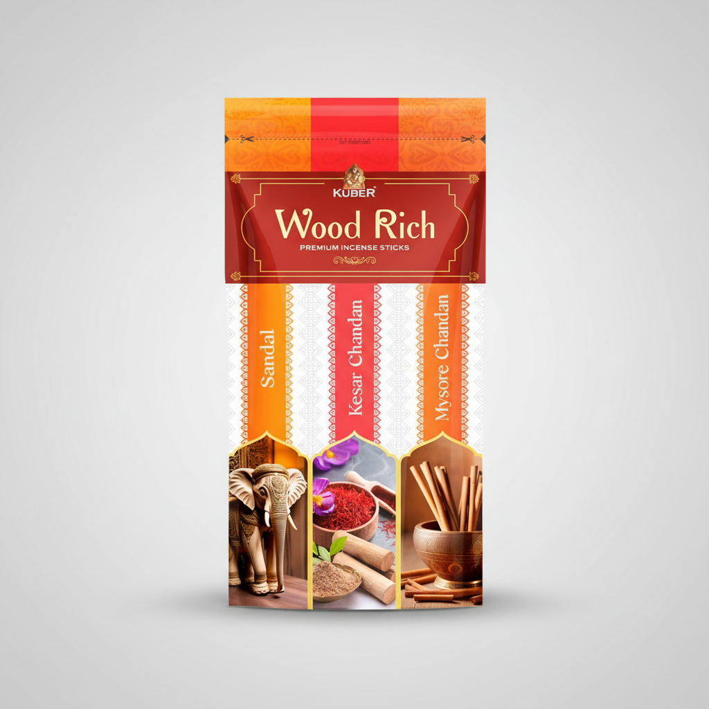 Kuber Wood Rich premium incense sticks packaging with images of sandal, kesar chandan, and mysore chandan.