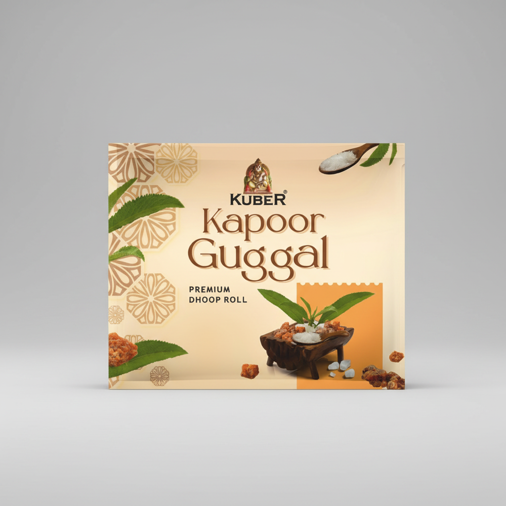 Kuber Kapoor Guggal packaging with decorative elements and product imagery.