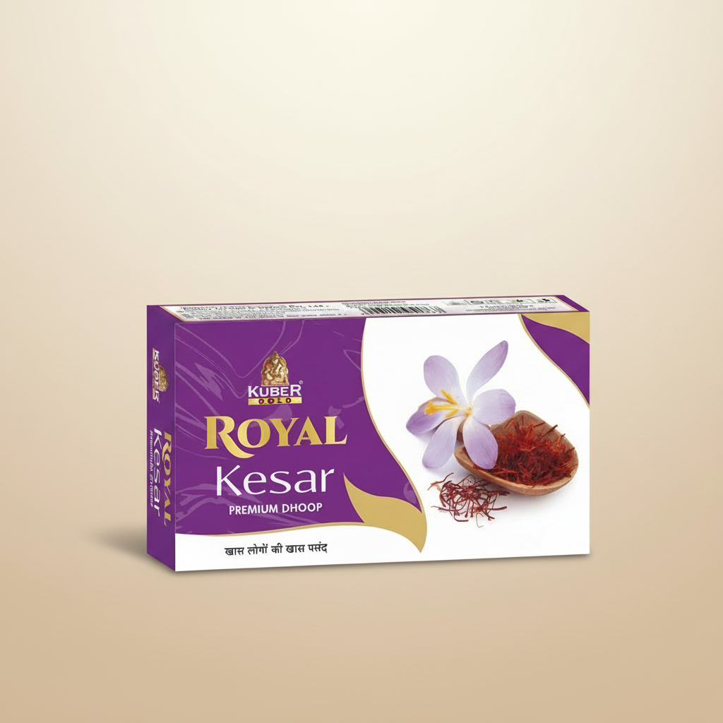 Kuber Gold Royal Kesar Premium Dhoop packaging with saffron and flower on a white background