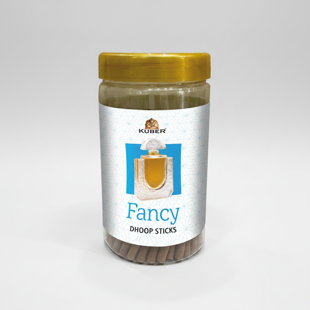 Jar of Kuber Fancy Dhoop Sticks with a yellow lid on a white background