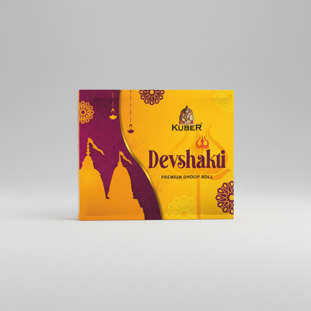 Kuber Devshakii Premium Dhoop Roll packaging with purple and yellow design