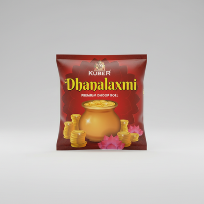 Kuber Dhanalaxmi Premium Dhoop Roll packaging with a red background and gold pot of coins.