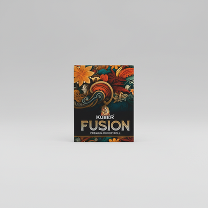 Kuber Fusion Premium Dhoop Roll packaging with intricate designs on a black background