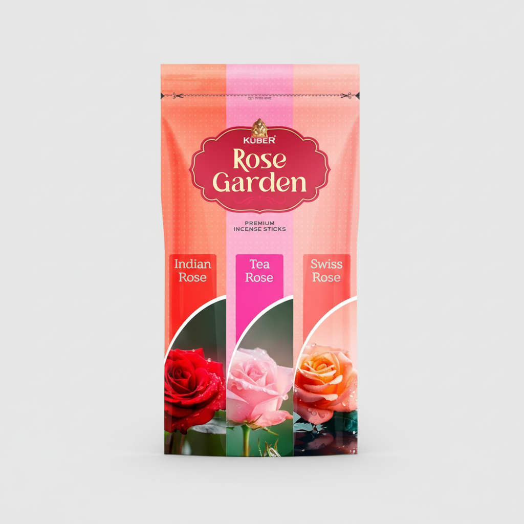 Kuber Rose Garden incense sticks packaging with images of roses and brand name.