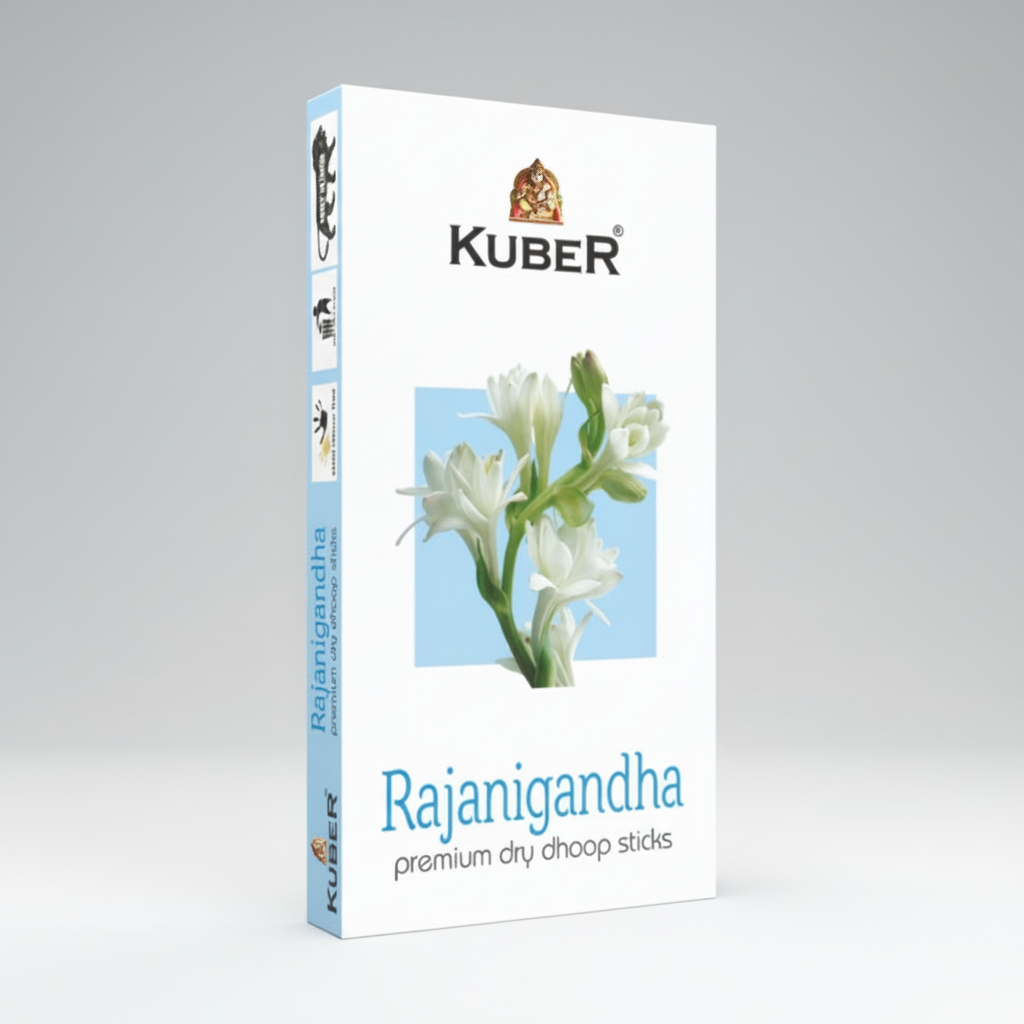 Kuber Rajanigandha incense stick packaging with floral design on a white background
