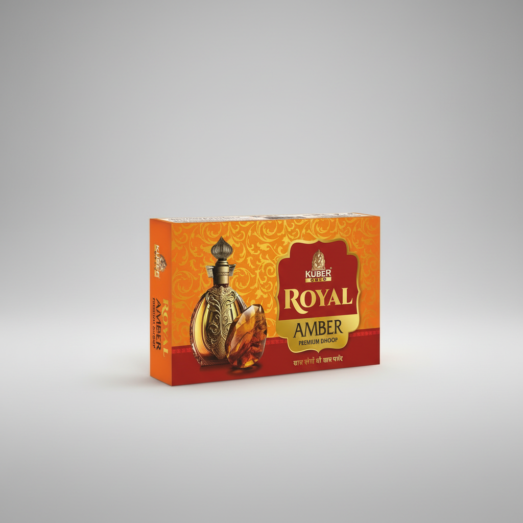 Kuber Gold Royal Amber Premium Dhoop packaging on a white background