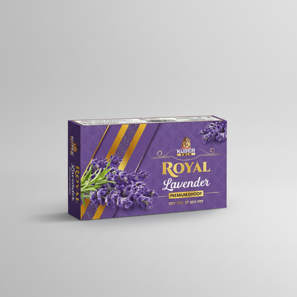 Kuser Royal Lavender Premium Dhoop box with lavender design on a white background