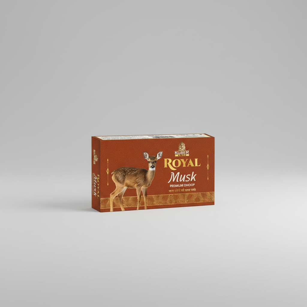 Kuber Gold Royal Musk Premium Dhoop box with a deer illustration on a white background
