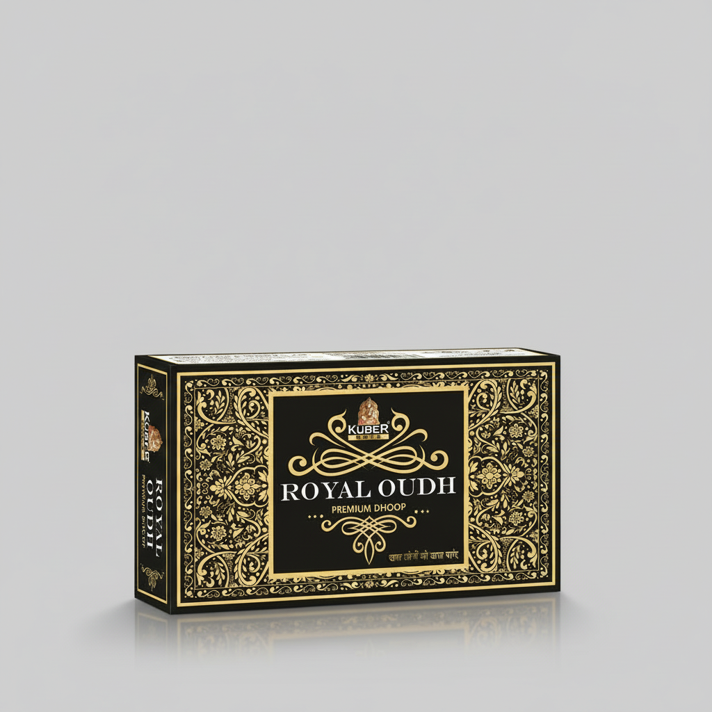 Kuber Royal Oudh Premium Dhoop packaging with intricate gold designs on a black background