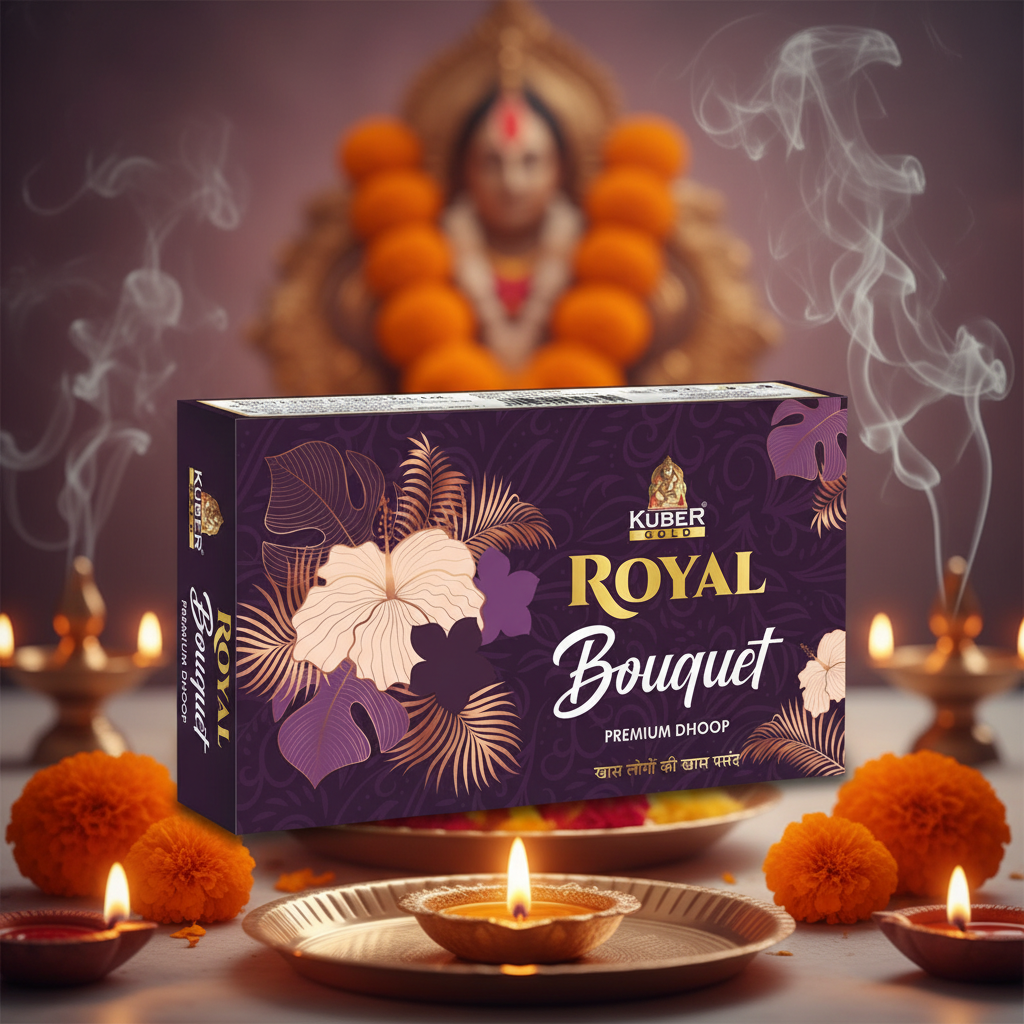 Kuber Gold Royal Bouquet premium doop packaging with floral designs on a dark background
